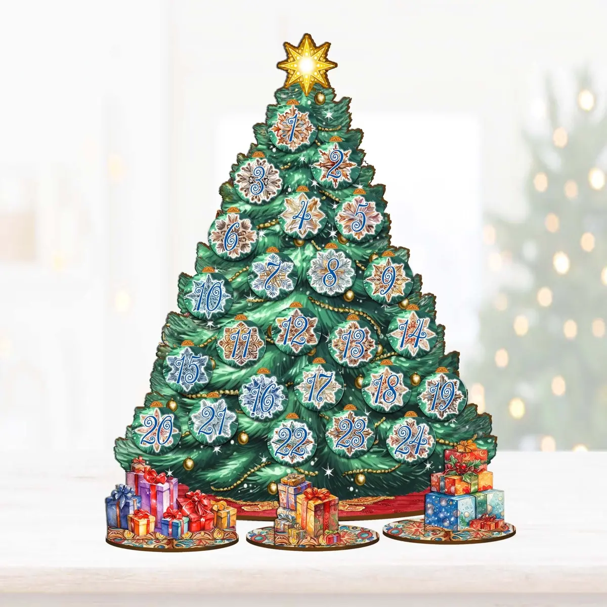 Designocracy 8091504 12.5 in. Durable Wooden Advent Calendar - Office Calendars & Planners Supplies, Family Decorative Tabletop Display, Collaborative Fun Indoor Collectible with Ornaments & Tiny Lights