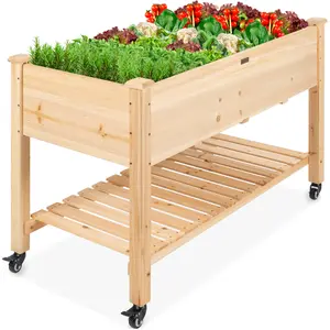 Best Choice Products Raised Garden Bed 48x23x32in Wood Mobile Elevated Planter w/ Wheel Locks, Shelf, Liner