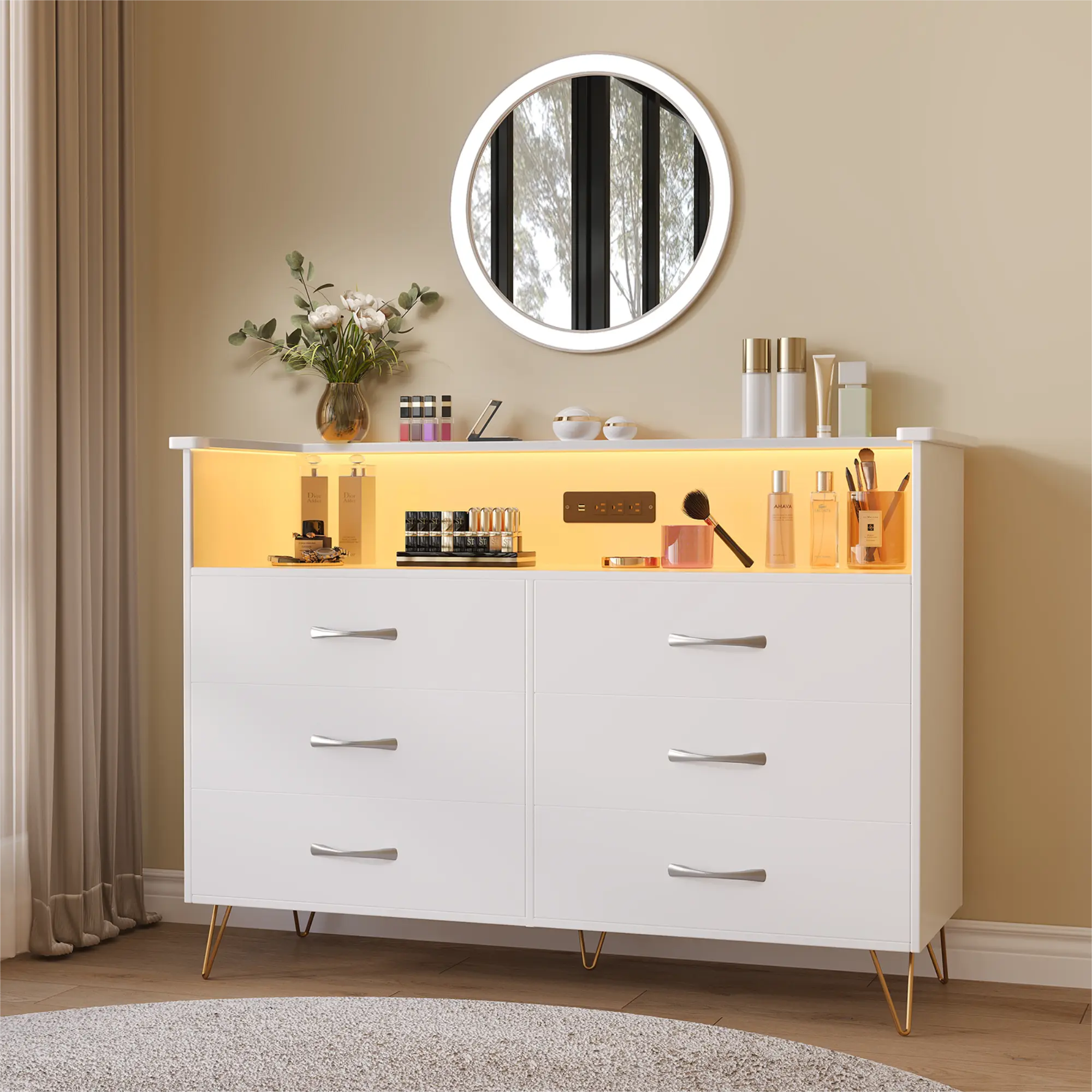 Modern Pink and White 6-Drawer Premium MDF Wood Dresser with LED Lights, RGB LED Light Strips, Integrated Charging Station, Open Shelf, Smart Music Sync Media Console, Assembly Required – Storage Chest for Girls Bedroom, Living Room