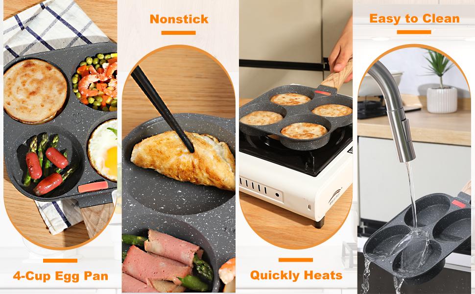 Non-stick Egg Frying Pan, 4 Holes Skillet With Handle, Multifunctional, Wooden Handle Stone Omelet Non-stick Cookware frying pan