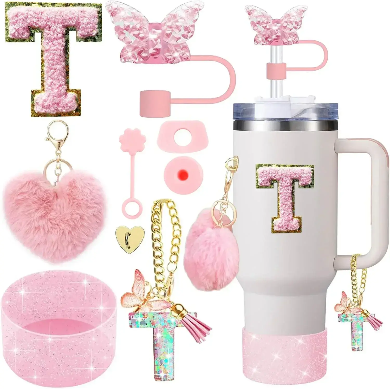 9PCS Accessory Set for Stanley Cup 30Oz 40Oz Butterfly Straw Cover Cap Silicone Boot Charm Initials Sticker Spill Proof Stopper NONE