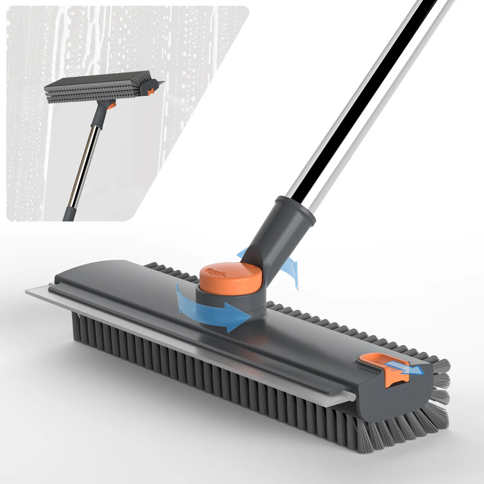 DRIPDROPJOY 3-in-1 Floor Scrub Brush with Long Adjustable Stainless Steel Handle - 360° Bristle Brush, Smooth Silicone Squeegee Broom for Squeegee Floors, Concrete, Tile Cleaning, Grey White, Glass Compatible