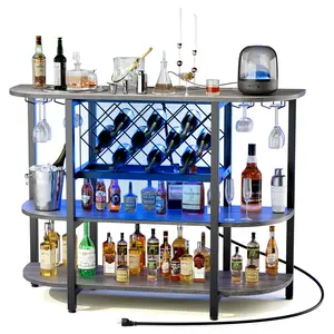 Wine Bar Cabinet with RGB LED Lights Outlet, Home Bar Table for Liquor, Bar Cart with Power Outlet, Kitchen Wine Rack