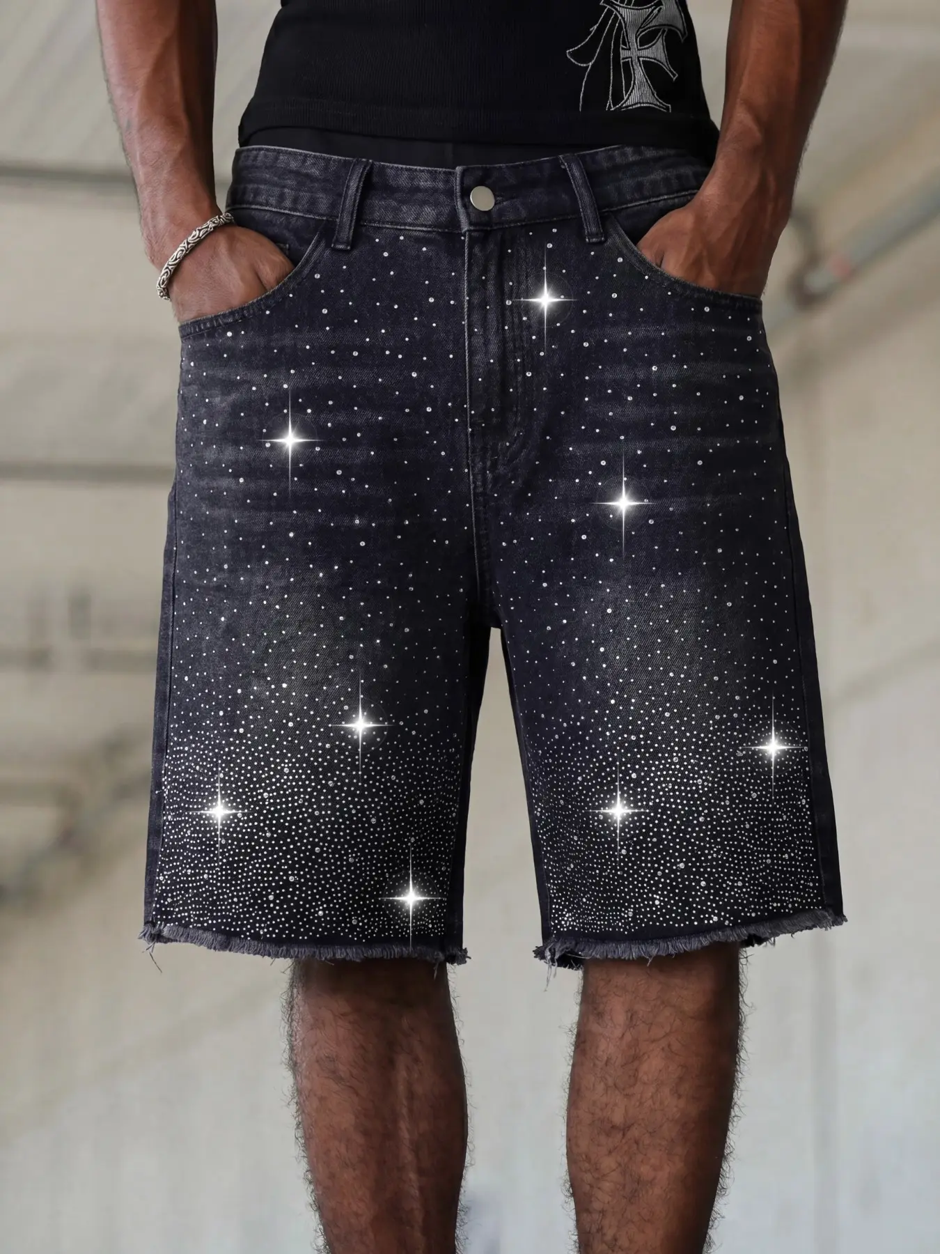 Men's Rhinestone Jeans Shorts, Distressed Ripped Design Washed Gradient Sparkle Frayed Edge, Fashion Street Straight Loose Fit, Summer Trendy Nightclub Style, Streetwear, Menswear
