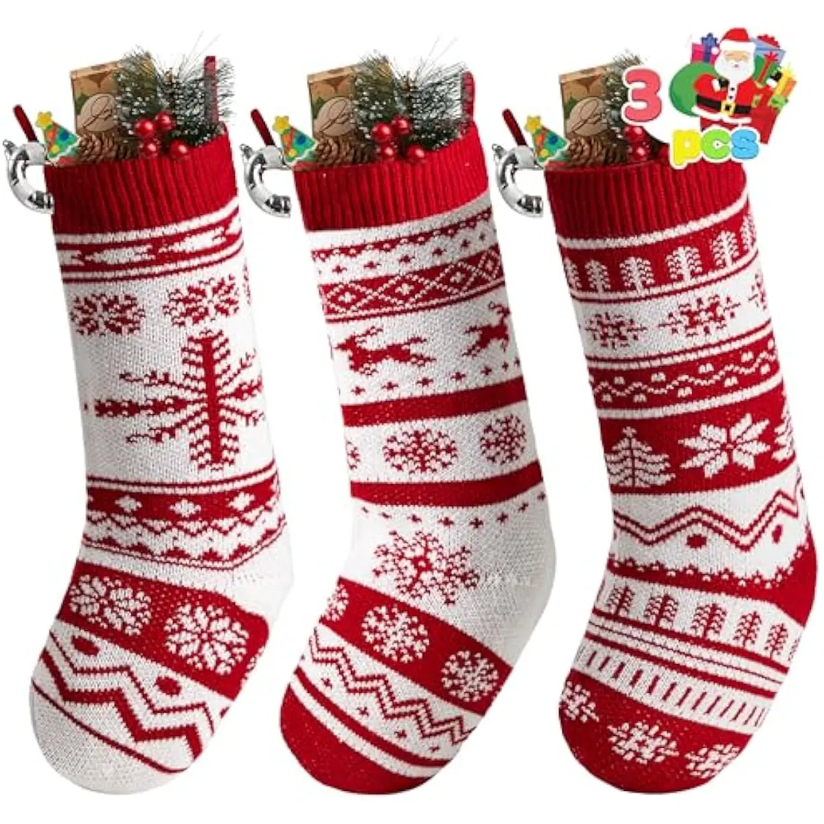 3 Pack 18" Knit Christmas Stockings, Large Rustic Yarn Xmas Stockings for Family Holiday Decorations