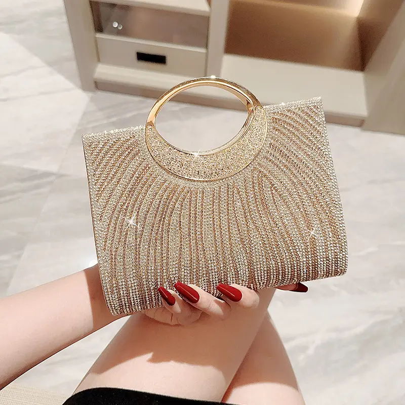 Elegant Stylish Fantasy Clutch Purse for Women - Champagne Glitter Rhinestone Embellished Polyester Formal Handbag for Prom & Cocktail Events, Wedding Guest Purse, Fashionable Embellished Clutch, Formal Purse