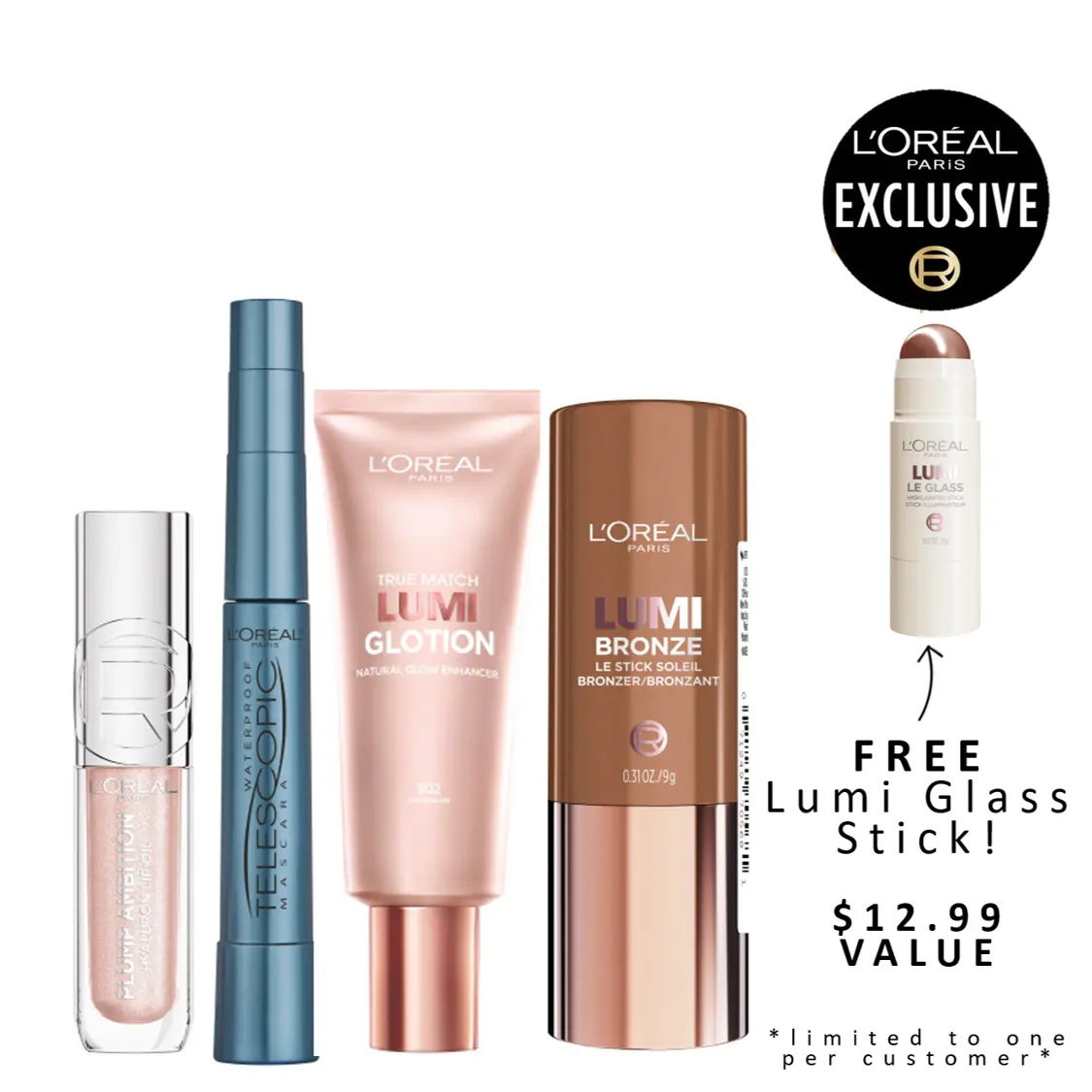 Summer Glow Makeup Bundle, Glotion Highlighter, Lumi Bronzer Stick, Telescopic Waterproof Mascara & Plump Ambition Infinite light Lip Oil by L'Oréal Paris