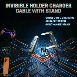 240W USB C to USB C Cable with Invisible Holder, [5ft/1.5m] 2-in-1 Zinc Alloy Fast Charging Cord & Stand for Gaming, PD 3.1 Type C Charger Compatible with iPhone 15/16 Pro Max, MacBook, Samsung S24