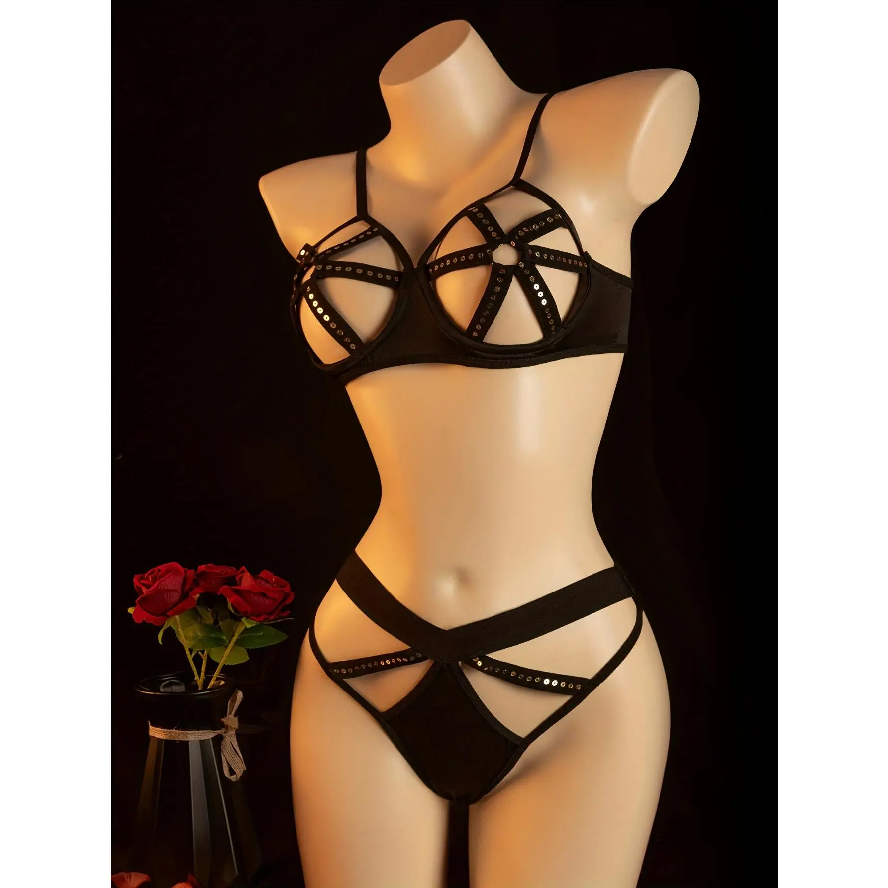 Elegant Women'S Lingerie Set - Chic Black and Golden Two-Piece Bra and Panty Set with Delicate Ribbon Detail, Perfect for Valentine'S Day or Anytime Romance, Intimate Apparel |     Sensual Apparel |     Polyester Ensemble