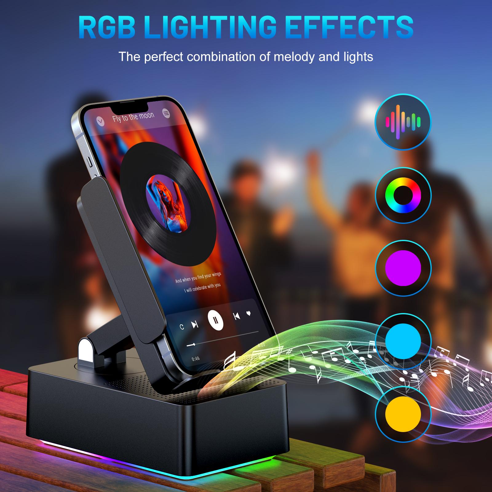 AKLLCCR Gen 2 Wireless Bluetooth/Induction Audio Speaker with Phone Stand RGB Magic Color Lights 5.4 HD Surround Subwoofer Sound IPX4 Waterproof 300° Foldable USB Type C Gift for Friends and Family