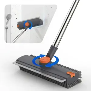 3-in-1 Floor Scrub Brush with 3 Sides Stiff Bristles, V-Shape Grout Cleaning Brush for Tile & Bathroom, Long Handle Scraper Broom for Deep Cleaning Floor Gaps & Corners Home