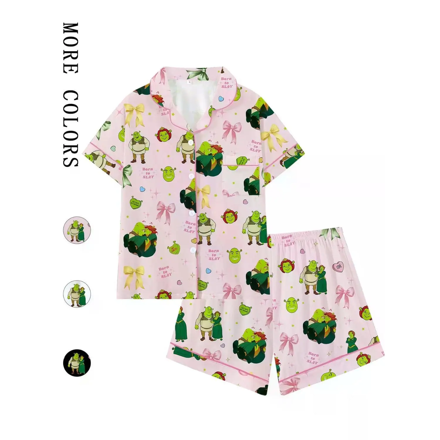 Adorable Teen Shrek Cartoon Print Pajama Set with Bow Collar and Short Sleeves, Comfortable All-Season Sleepwear Loungewear, Perfect Loose-Fitting Princess Fiona Gift