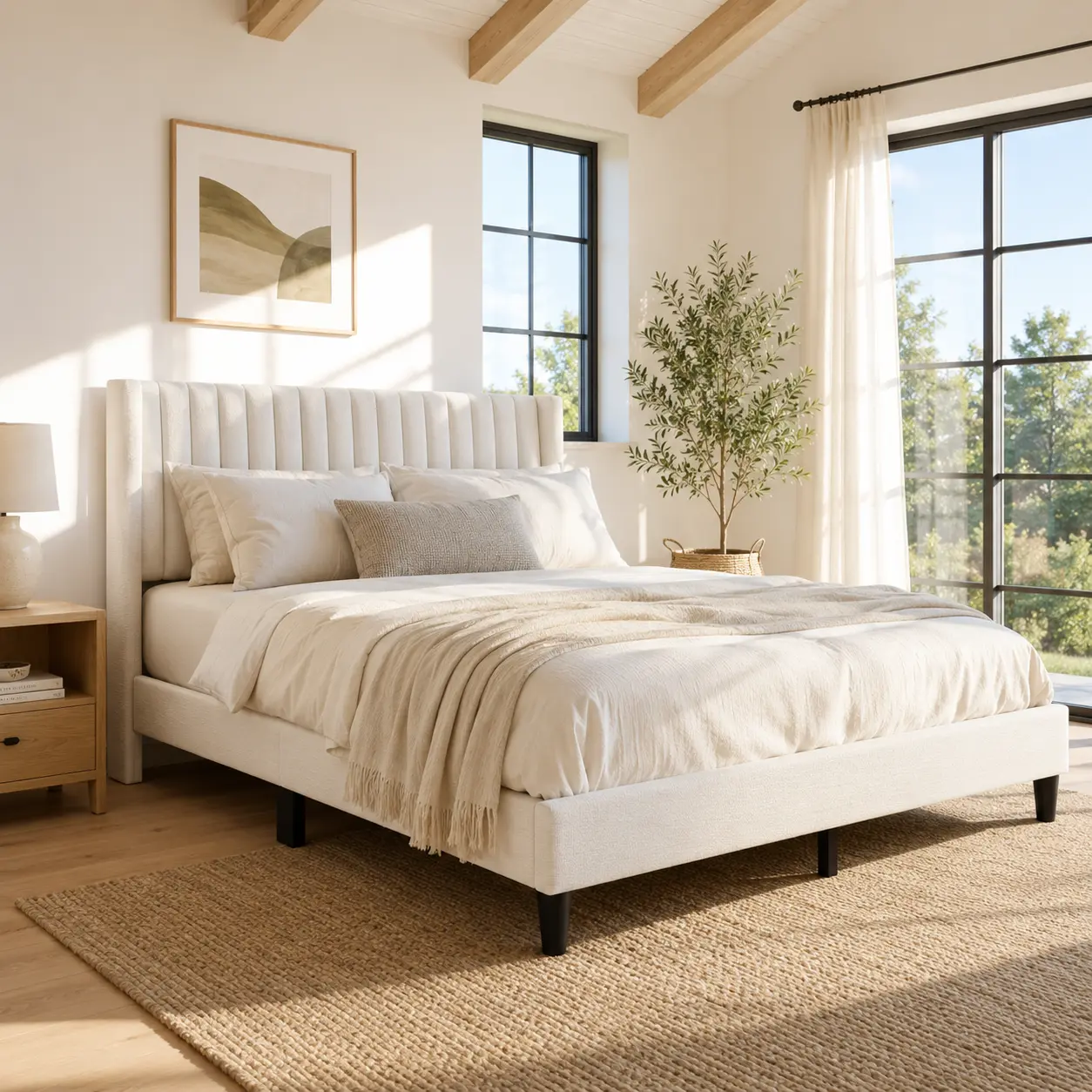【Back To School】Costoffs Queen Upholstered Wooden Bed Frame with Linen Wingback Tufted Headboard, Wood Slats, 6" Under-Bed Space, Easy Assembly, Winged Sides, Contemporary Minimalist Design, Durable Materials, Bed Unit