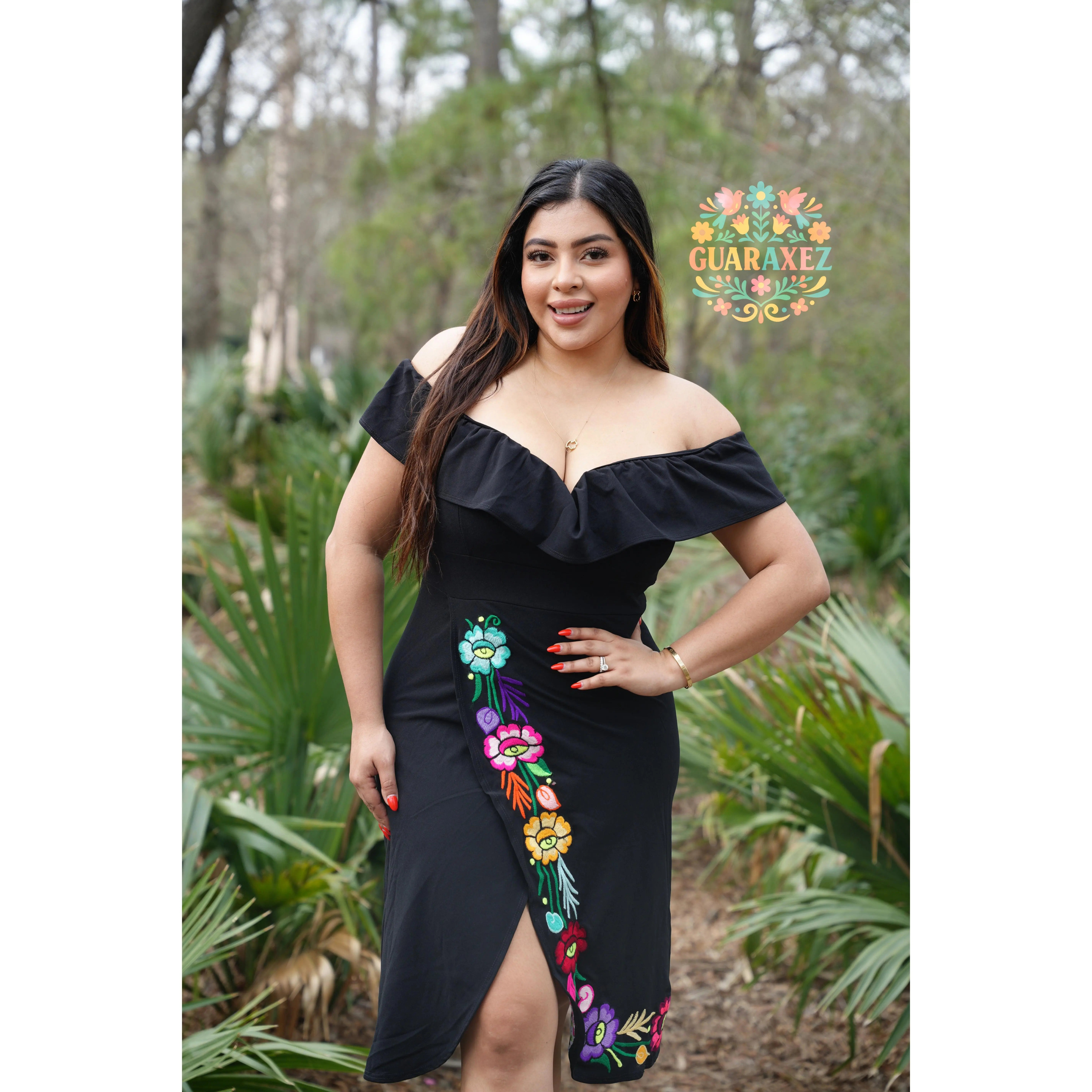 Guaraxez Black Short Sleeve Summer Dress with Authentic Mexican Floral Embroidery & Stretchy Polyester Fabric for Women's Casual Wear