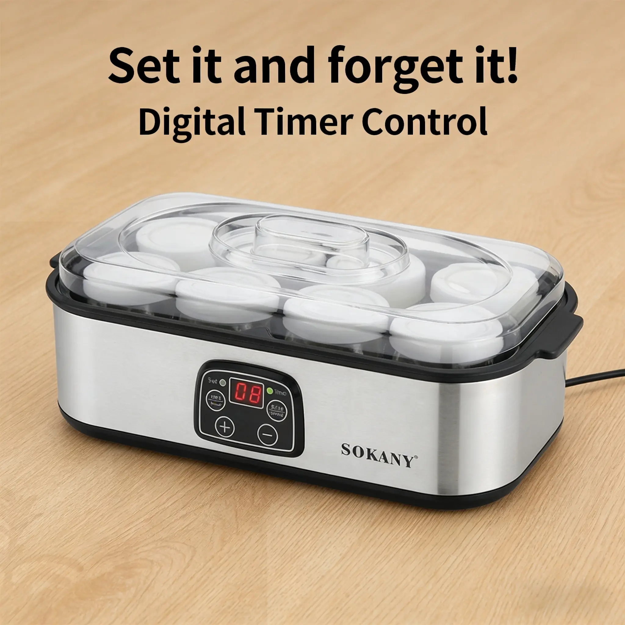 Fully Automatic Digital Yogurt Machine with 8 Glass Jars (8 Jars at Once, 48 oz), Stainless Steel, Adjustable Time-Temperature Control, Auto Shut Off for Greek & Probiotic Yogurt