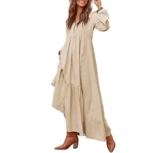 Women's Cotton Linen Peasant Maxi Dresses Button Up Long Sleeve Pleated Tiered Dress Vintage Flowy Swing Tunic Dress Casual Boho Style Bohemian Boho Casual