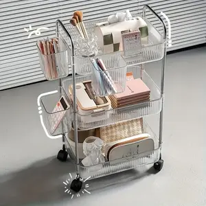3 Tier Acrylic Rolling Storage Cart with Wheels, Clear Acrylic Utility Trolley with Handle, With 3 Hanging Cups, Durable Plastic & Metal Frame, Easy Assembly, 360° Swivel Casters