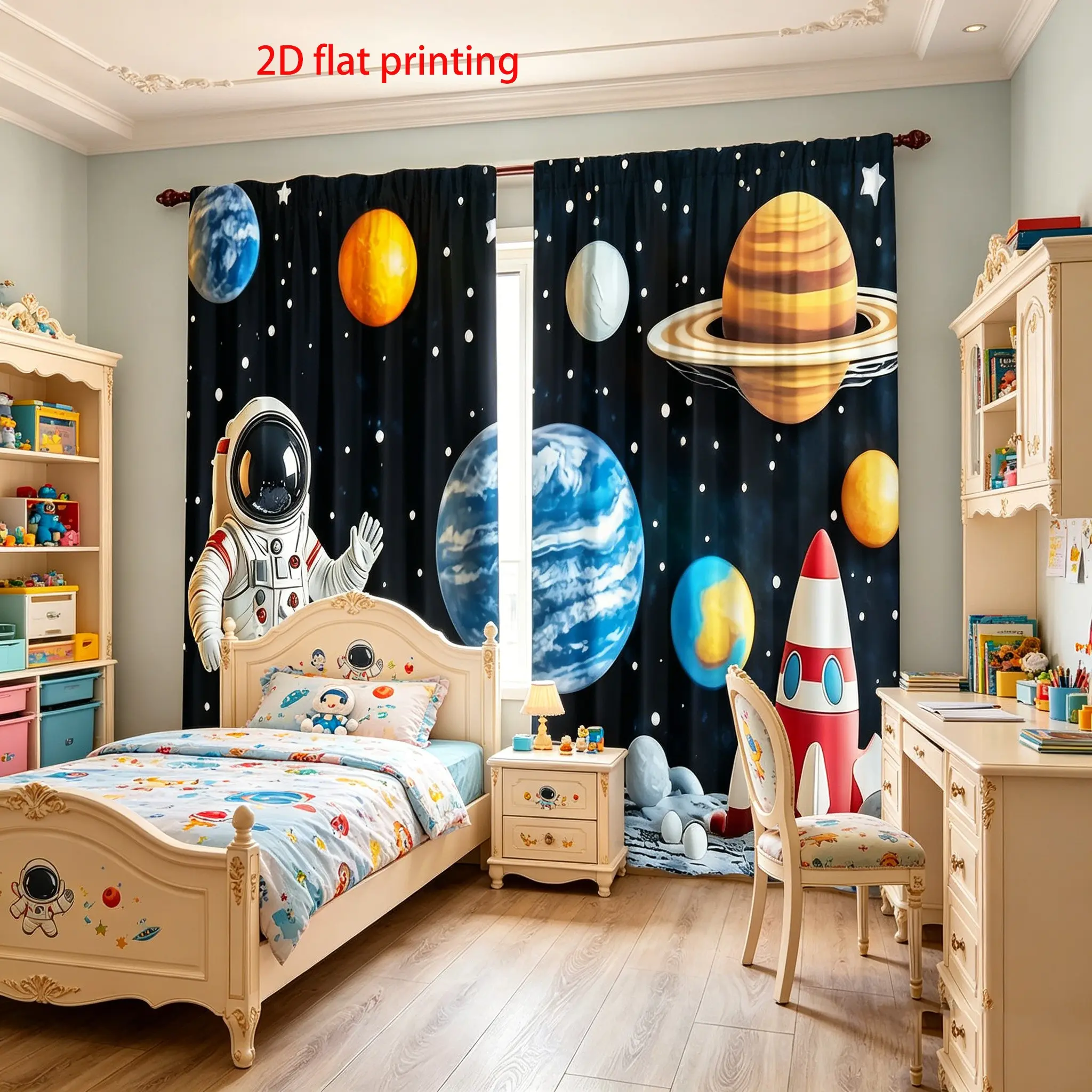 2D digital printed space planet rocket pattern curtains, children's room curtains, semi transparent polyester material, 2-piece set, suitable for living room, bedroom window decoration, home decoration, Interior decoration accessories