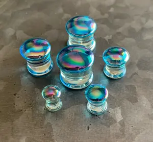 PAIR of Unique Light Blue Pearl Design Pyrex Glass Double Flare Plugs