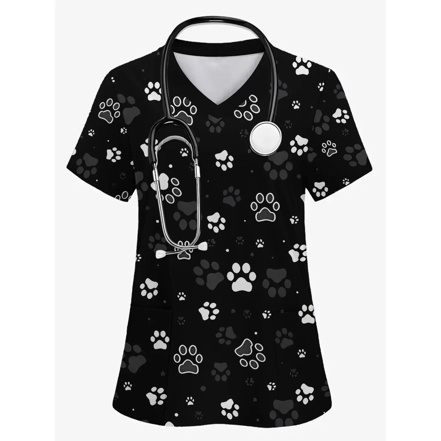 Black Pet Paw Print Pattern Women's Scrub Top with Two Pockets - Professional Short-Sleeve Nurse Uniform