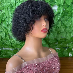 Glueless Wigs Short Curly Bob Wig with Bangs Wear To Go Short Curly Human Hair Wig for Women 180 Density Brazilian Virgin Human Hair Glueless No Lace Machine Made Wigs