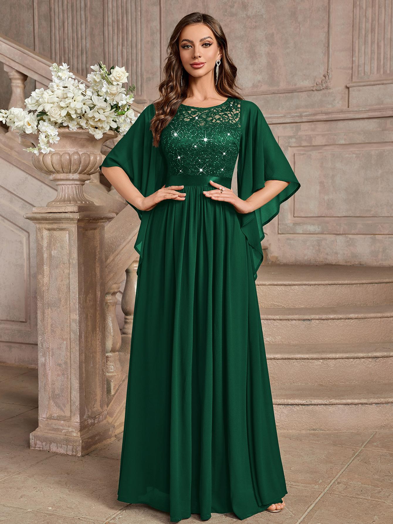 Miusol P83099 Plus Size Women's Sequin Floral Lace Chiffon Flare Sleeve Formal Dress Elegant Evening Gown All Seasons Party dress,Evening dress Normal Type  Womenswear Maxi Dress SpringStatements