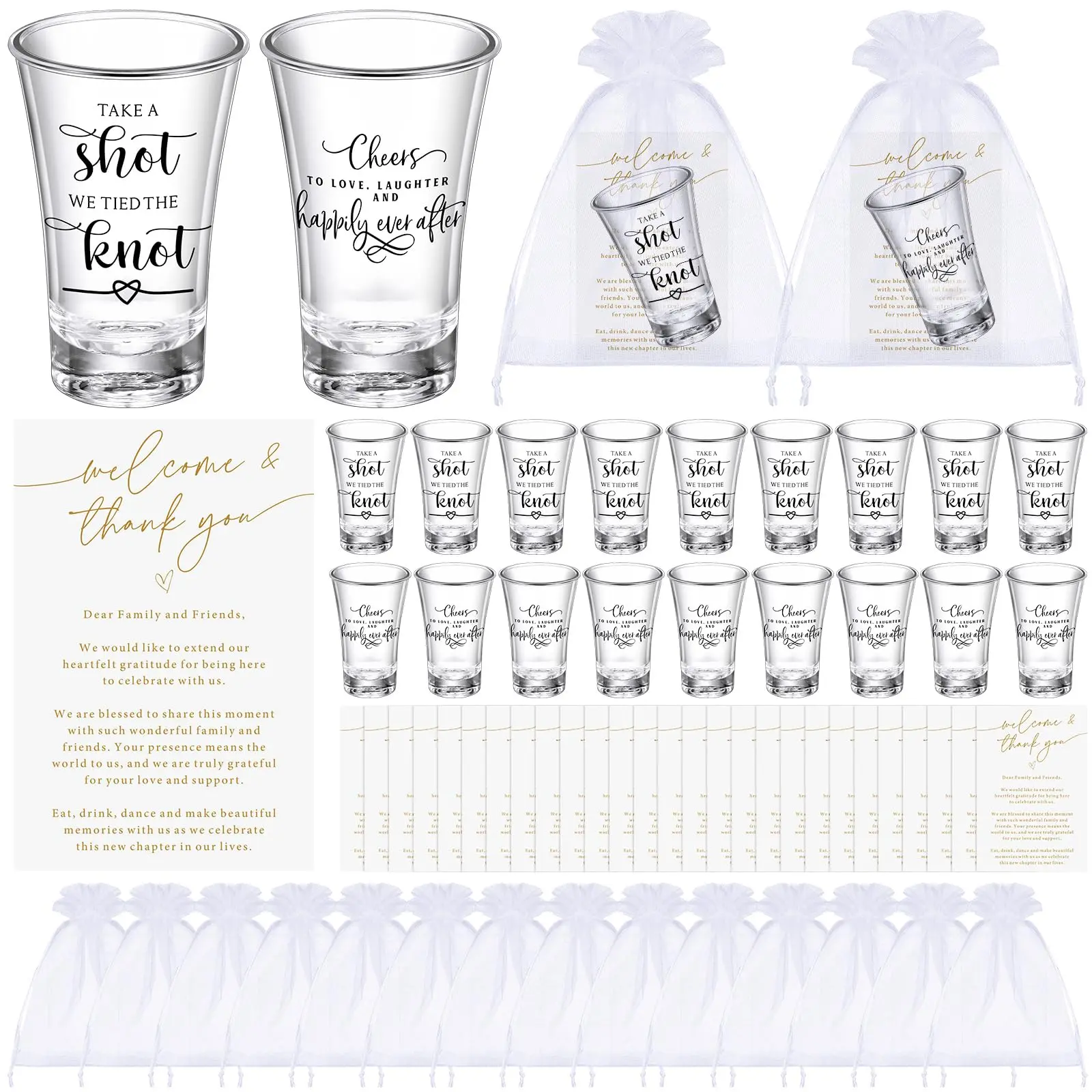 50 Pcs 2026 Wedding Acrylic Shot Glasses Party Favors for Guests Friends Family 1.5oz Clear Shatterproof Take a Shot We Tied the Knot with Thank You Cards Organza Bags for Wedding Bridal Shower Bachelorette Engagement Anniversary Celebration