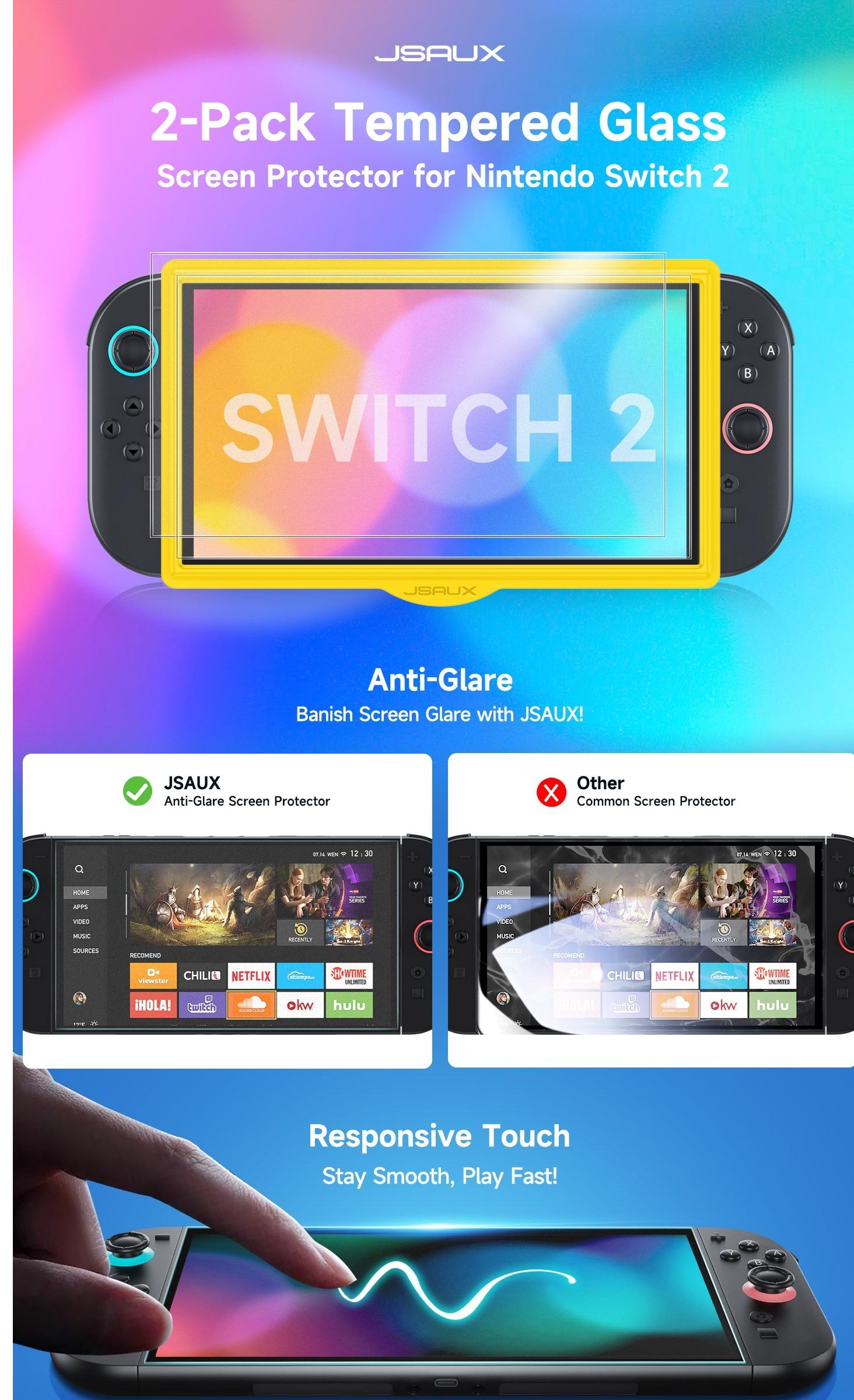 JSAUX 2-Pack Anti-Glare Screen Protector for Nintendo Switch 2, Matte Tempered Glass Protector Easy to Install with Guiding Frame 9H Hardness Scratch Resistant Accessories for Switch2 JSAUX 2-Pack Anti-Glare Screen Protector for Nintendo Switch 2, Matte Tempered Glass Protector Easy to Install with Guiding Frame 9H Hardness Scratch Resistant Accessories for Switch2