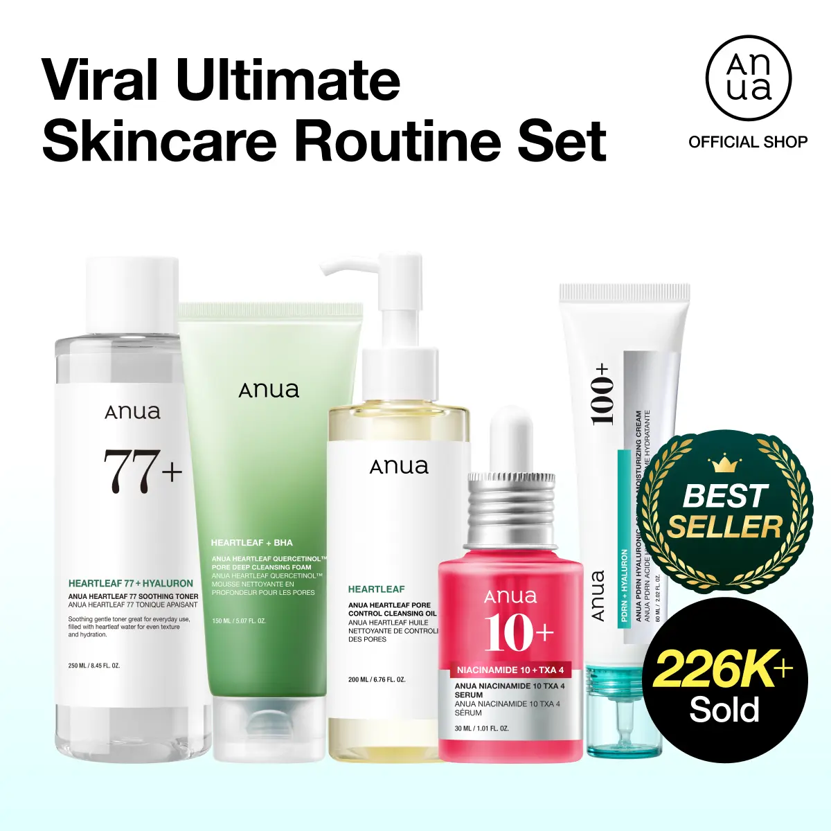 [Anua] Viral Ultimate Glass Skin Bundle | Salmon PDRN Cream + Niacinamide Serum + Double Cleansing + Heartleaf Toner + Daily Lotion | Daily Korean Skincare Kit Hydrating Calming