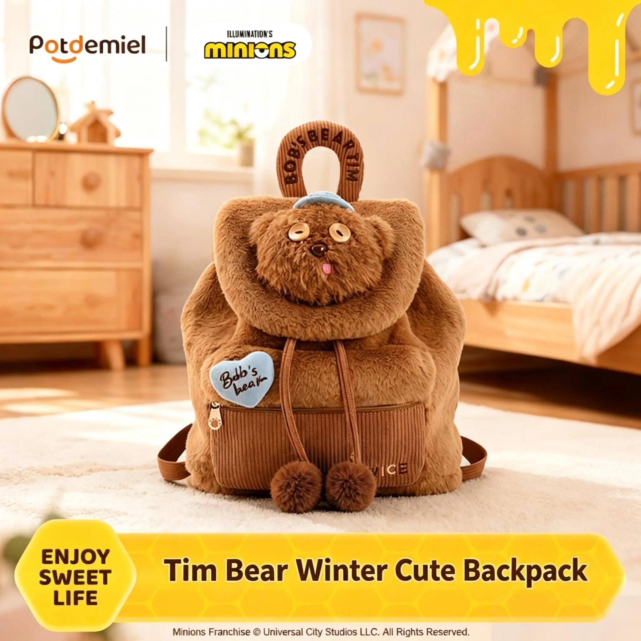 MINISO x Minions Tim Bear Soft Fluffy Mini Plush Backpack - Kids' Functional Luggage for Kindergarten, School & Back to School Travel, Kindergarten Backpack, School Backpacks