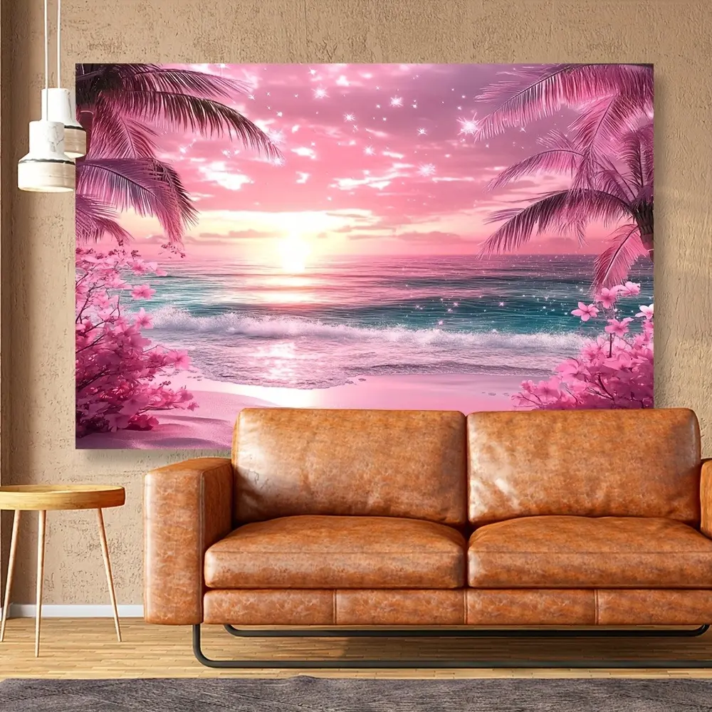 Large Tropical Beach Sunset Tapestry - Retro Vintage Coastal Palm Trees Decor, Durable Polyester Wall Decoration, Easy to Hang, Party Backdrop, Ideal Gift for Girls