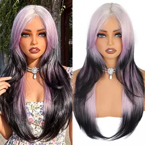 WIGQUEEN 24" Colored Long Straight Wig with Curtain Bangs for Women Layered Synthetic High Density Heat Resistant Hair Wig for Daily Party Use