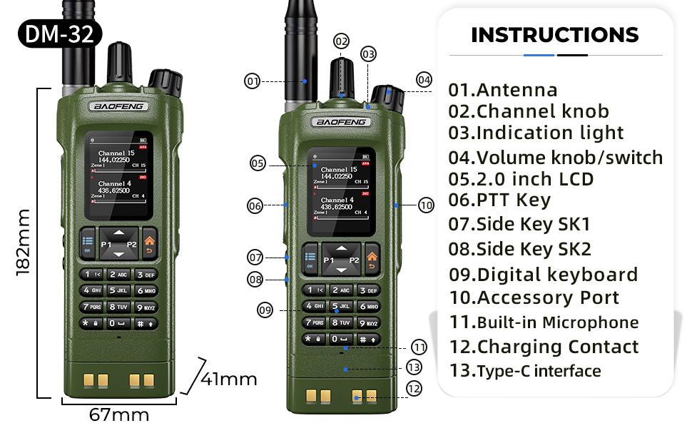 BAOFENG DM32 DM-32UV DMR Radio | Walkie Talkies Long Range | Digital Two-Way Radio | 10W High Power Ham Radio with GPS Positioning | Programming & Type-C Charging | 1PC (2500mAh Battery)