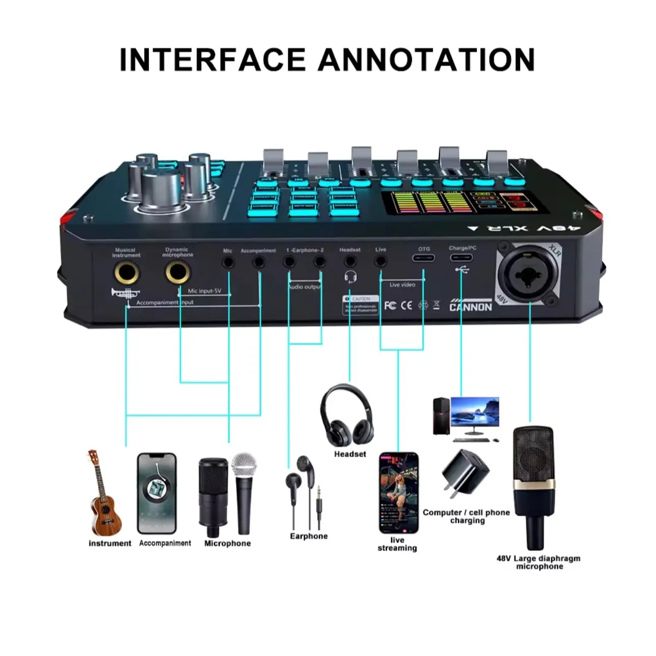 Professional Podcasting and Live-streaming Wireless Sound Card Kit with 48V XLR Microphone, Noise Reduction, and Voice Changer