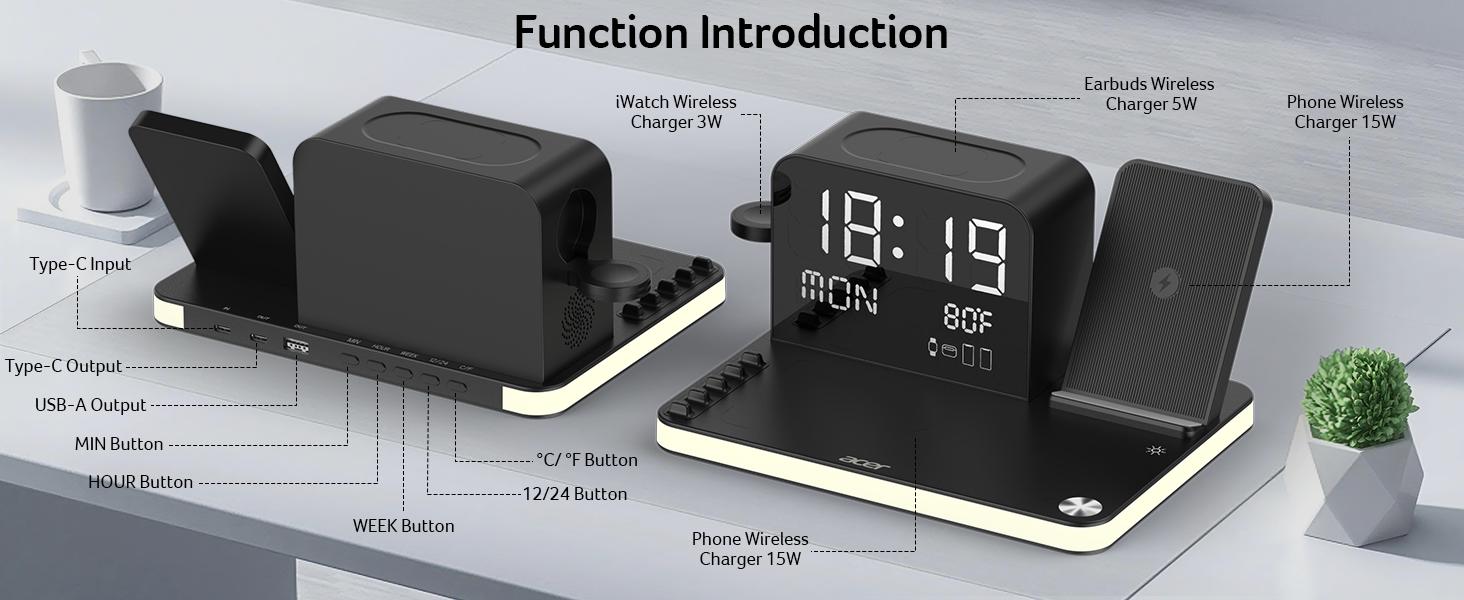 Acer 7 in 1 Wireless Charging Station Charger with LED Night Light, Bluetooth Time Sync Clock & Temperature Display, USB-A & USB-C, Magnetic MagSafe – for iPhone, Android Phone, Apple Watch & AirPods, Gift