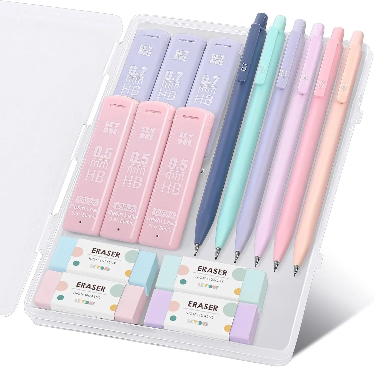 SKYDUE Cute Mechanical Pencils Set (0.5mm & 0.7mm) with 360 Lead Refills, 4 Pastel Erasers – Back to School Shopping Essential, Cute School Supplies for Writing, Drawing,back to school haul,college school supplies,back to school shopping