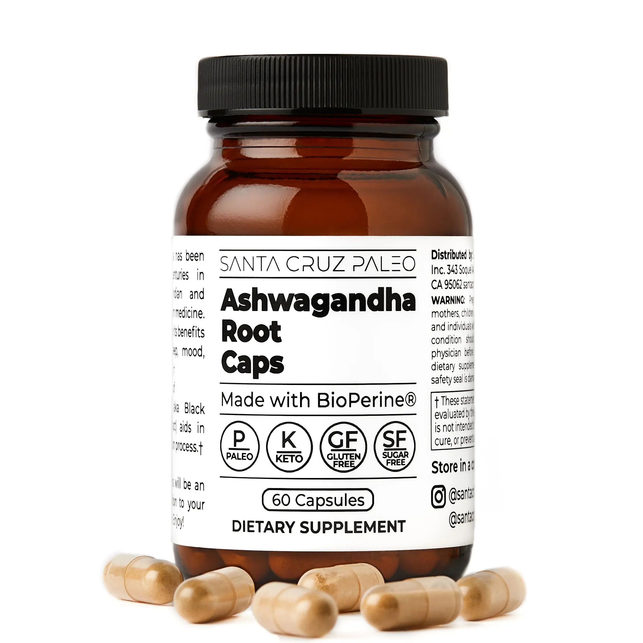 Santa Cruz Paleo Ashwagandha Root - 60 Servings - Herbal Supplement for Focus, Stress Support - Adaptogen for Men and Women with BioPerine - Gluten Free, Vegetarian, Keto Friendly, 600MG Capsules