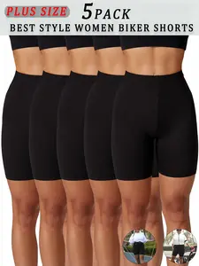 5-Pack Women's Plus Size High-Elasticity Biker Shorts - Full Coverage Non-Sheer Workout Shorts with 6" Inseam, Tight-Fit Athletic Pants for Running, Yoga, Gym - Machine Washable 5-Pack Bulk (No See-Through)