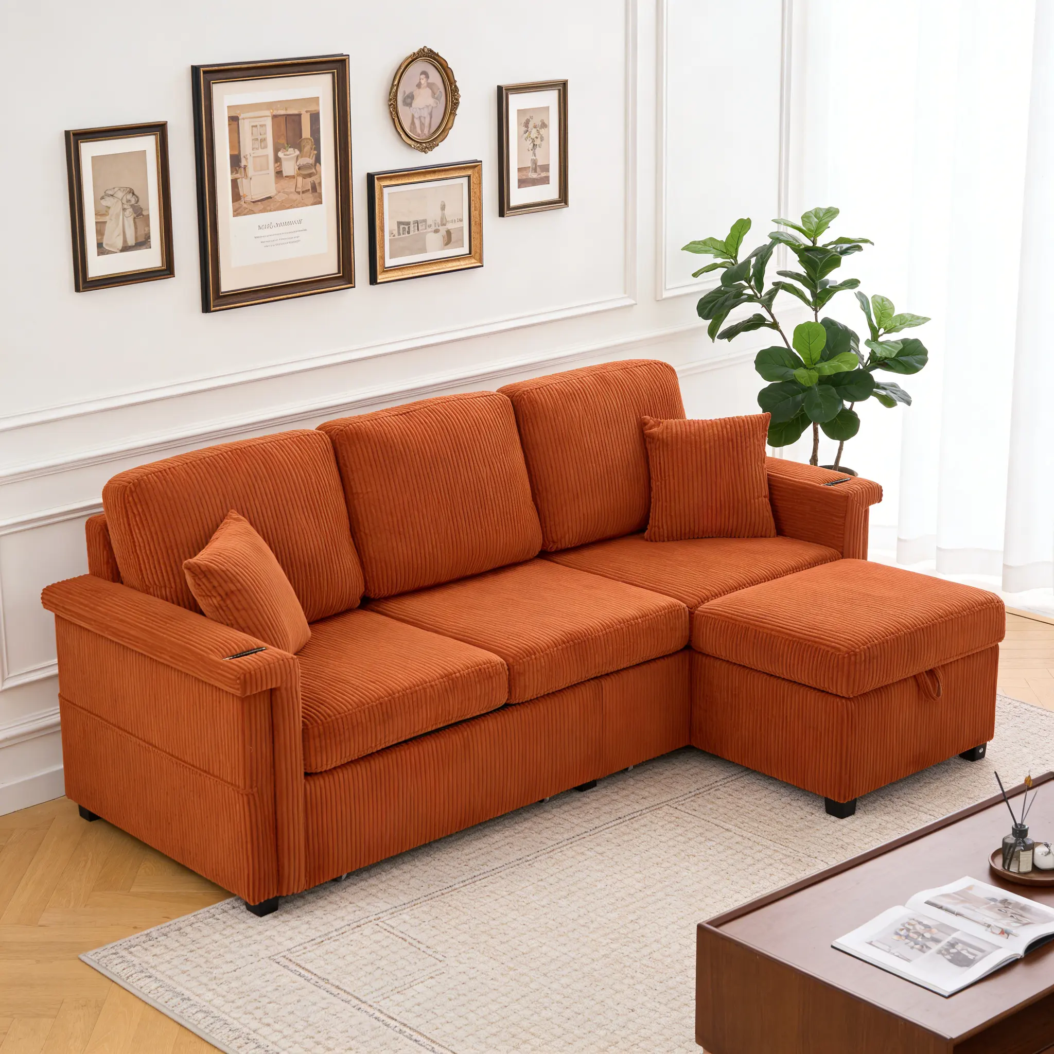 L-Shaped Sectional Sofa with Storage & Movable Ottoman, 77'' Corduroy 3 Seater Sectional Couch with USB Charging, Cup Holder & LED Light, Convertible Couches for Living Room Modern Upholstered Sofa