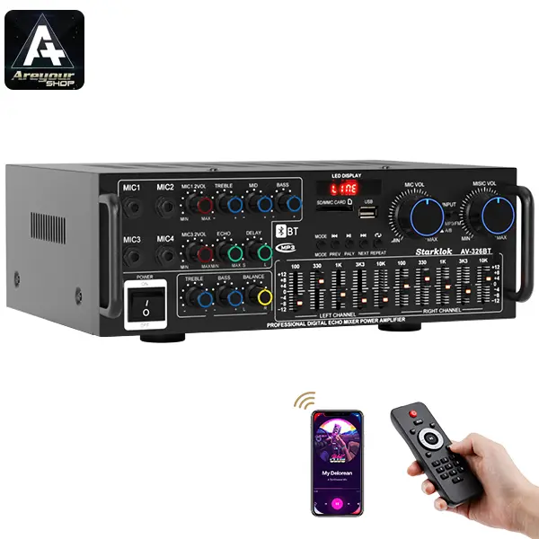 Areyourshop Updated 2.1-Channel Home Amplifier - Bluetooth 5.4, EQ & Reverb, USB, 4-Mic Party Power, RCA Cable, US Plug, Balance L/R Adjust, Audio Equipment for Home Karaoke & Car Use