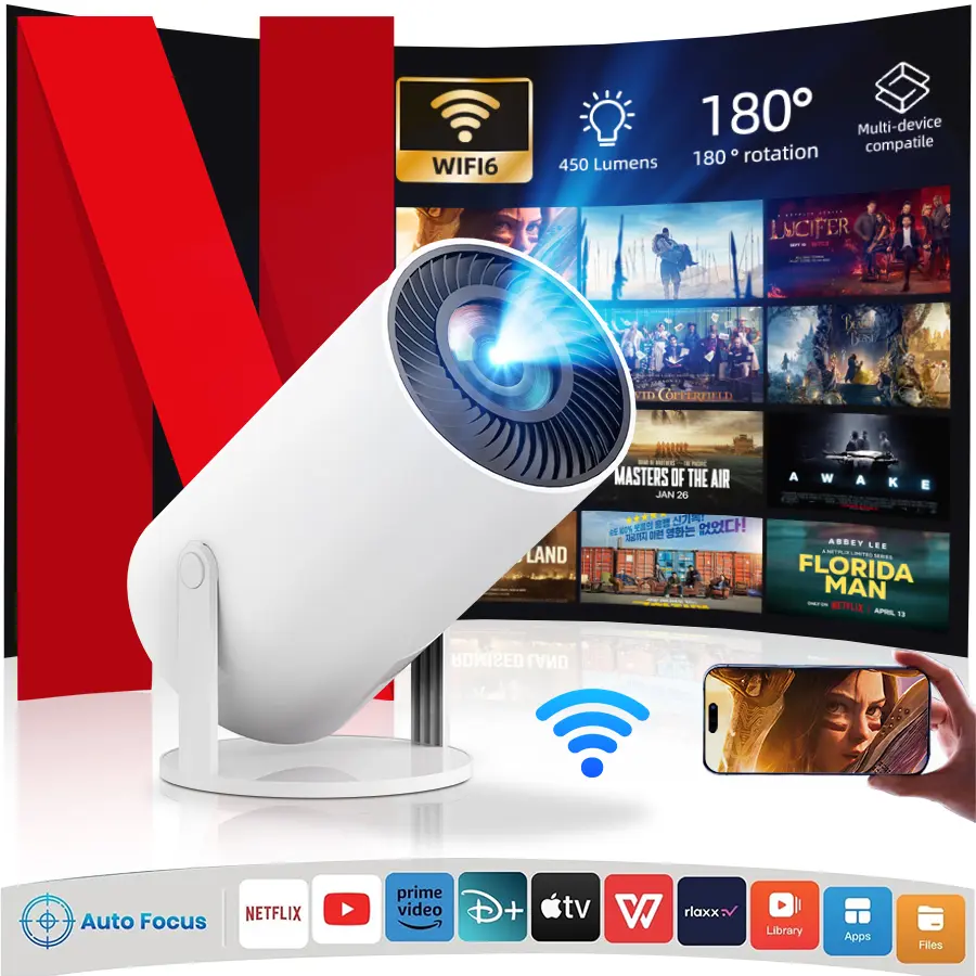 [US WAREHOUSE] Smart Mini Projector - 290ANSI Lumens, Auto Keystone Correction, Built-in 5W Speaker, Dual WiFi6, Wireless BT5.4, Android 12 1280*720P, Projector for Bedroom, Portable Home Cinema for Indoor, Backyard Use