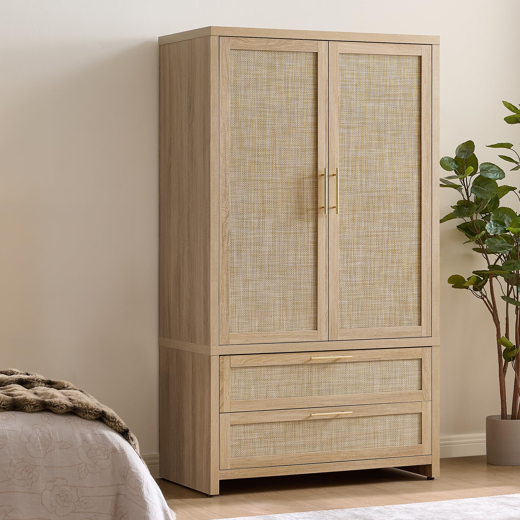 SICOTAS Rattan Armoire Wardrobe Closet Cabinet, 71" Tall Wardrobe Storage Cabinet with Doors, Larger Drawers and Hanging Rod, Boho Armoire Clothes Organizer for Bedroom, Laundry Room, Cloak Room, Oak