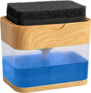 Dish Soap Dispenser and Sponge Holder for Kitchen Sink, Sponge Included, 13 Ounces, Metallic Silver