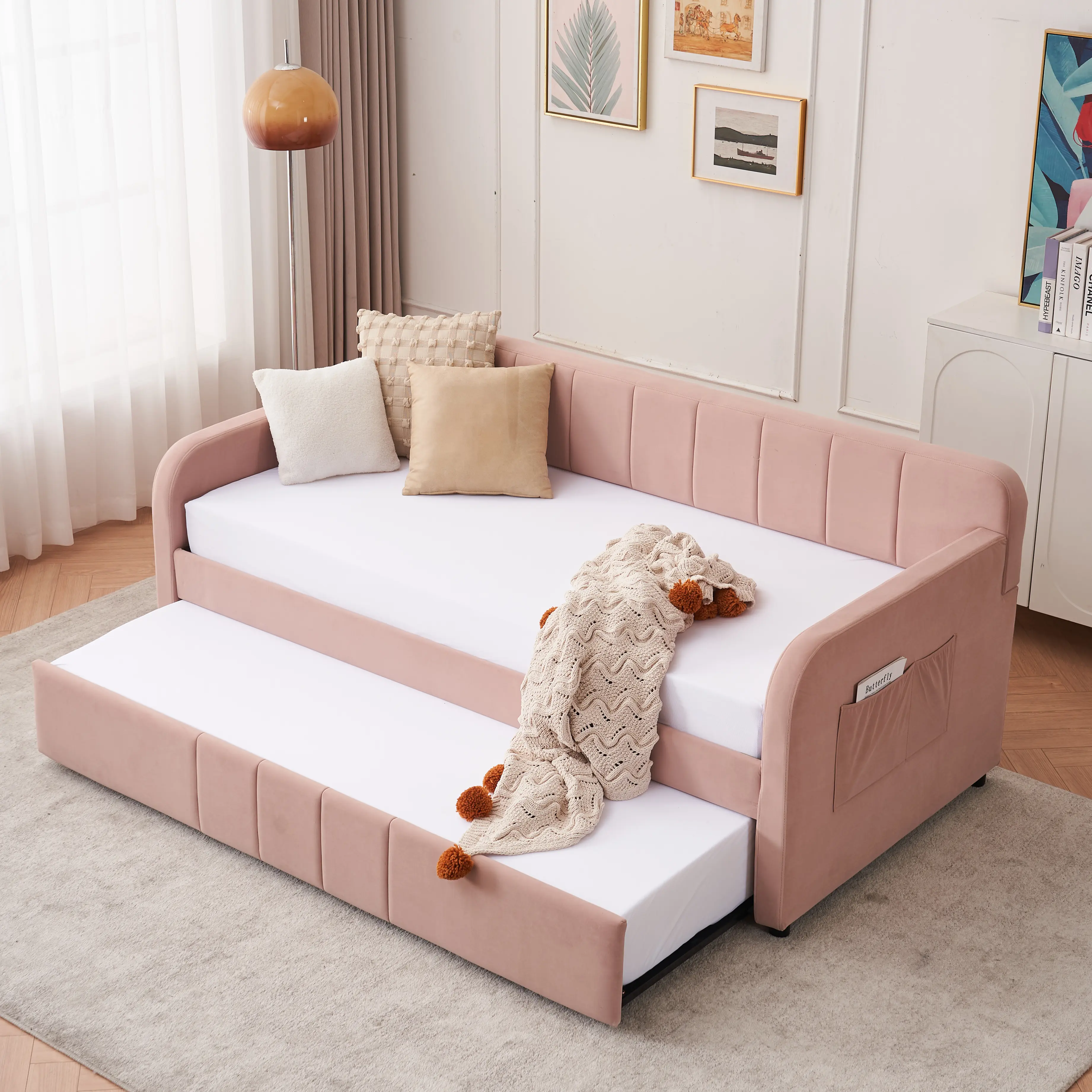 Modern Upholstered Twin Trundle Bed - Sofa Bed Frame with Wood Slat Support, Hidden Storage for Living Room, Guest Room, A Trundle Bed