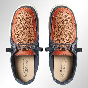American Darling Hand tooled, carved genuine leather trim lightweight shoe footwear, slip on| Tooled Footwear