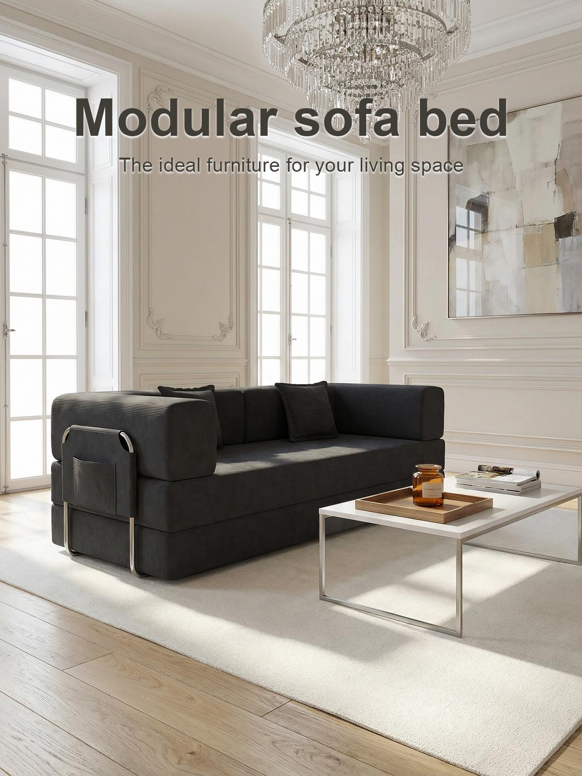 Compressed sofa, 79-inch convertible sofa bed, fixed frame, removable armrests, modular corduroy sofa bed, folding mattress sofa, suitable for small spaces - no assembly required, includes two pillows, black. Compressed sofa, 79-inch convertible sofa bed, fixed frame, removable armrests, modular corduroy sofa bed, folding mattress sofa, suitable for small spaces - no assembly required, includes two pillows, black.