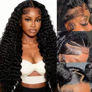 VKORun 13x6 Deep Wave Lace Front Wigs Human Hair Hd Transparent Lace Frontal Wigs Human Hair Pre Plucked Glueless Deep Curly Wig for Women Natural Color Natural Hairline