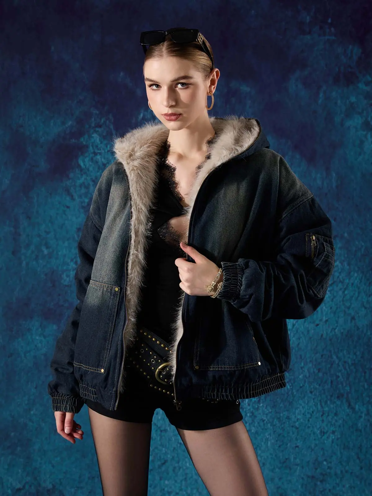 Supermade Faux Fur Lined Washed Denim Jacket, Hooded Streetwear Outerwear for Men & Women with Zippered Arm Pocket, Tops, Ribbed, Fabric, Shell, Coats, Soft, Layer, Utility