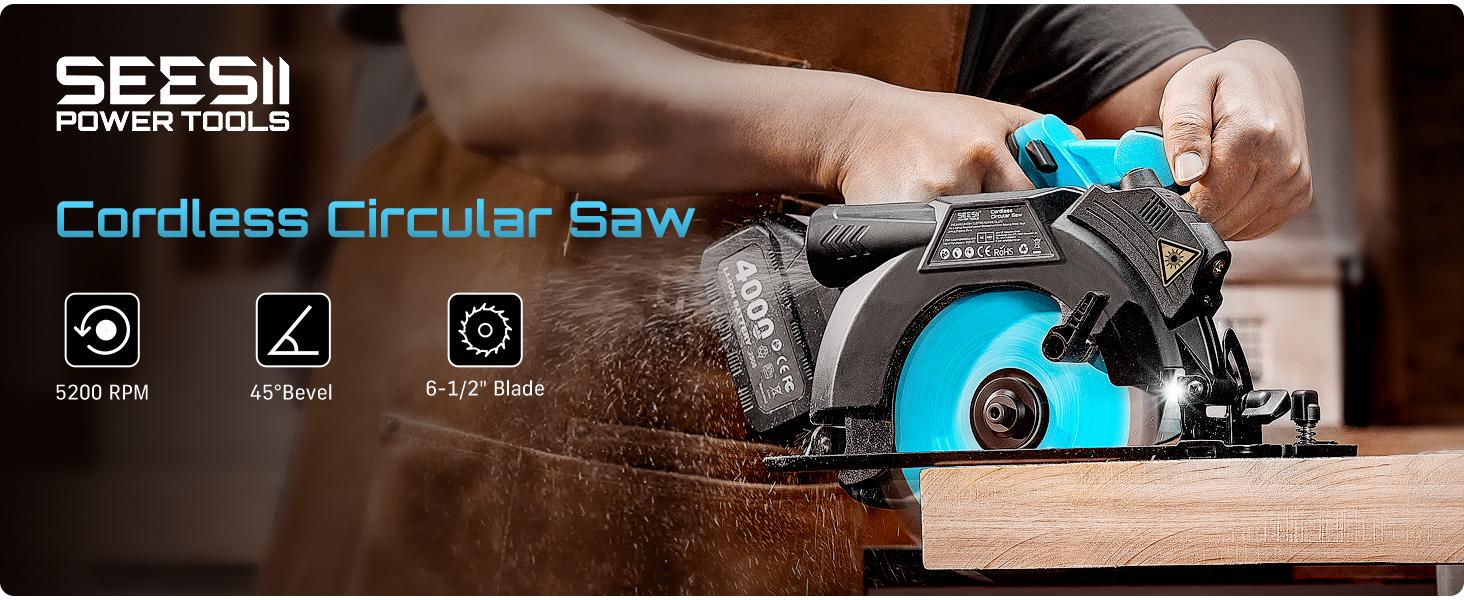 SEESII 21V MAX Cordless Circular Saw (6-1/2&rdquo;) Laser Guide, Recargable&ndash;2x 4Ah Batteries & Auxiliary Handle, 2-1/4&rdquo; Cutting Depth, 5200 RPM, 0-45&deg; Bevel Capacity, Portable with Adjustable Depth Circular Saw for Outdoor Work, Home DIY, Pro Use CS610