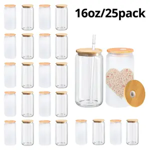 25/50Pack 16oz Sublimation Glass Can Cups with Bamboo Lid & Straw Clear Frosted Borosilicate Glass Blanks for Heat Transfer DIY